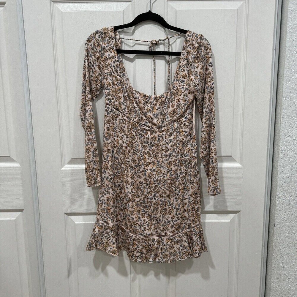 Free People Boheme Ivory Combo Floral Flounce Mini Dress Size 2 Long Sleeve Boho